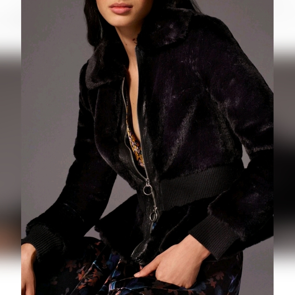 Rebecca Taylor Faux Fur Peplum Zip Jacket Black Size